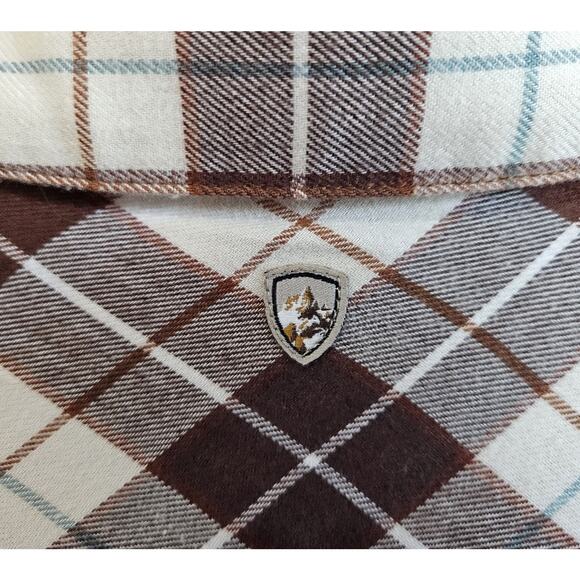 KUHL Women M Tess Flannel Shirt Snaps Corduroy Trim Brown Plaid Cotton Tencel 40 - Picture 9 of 11